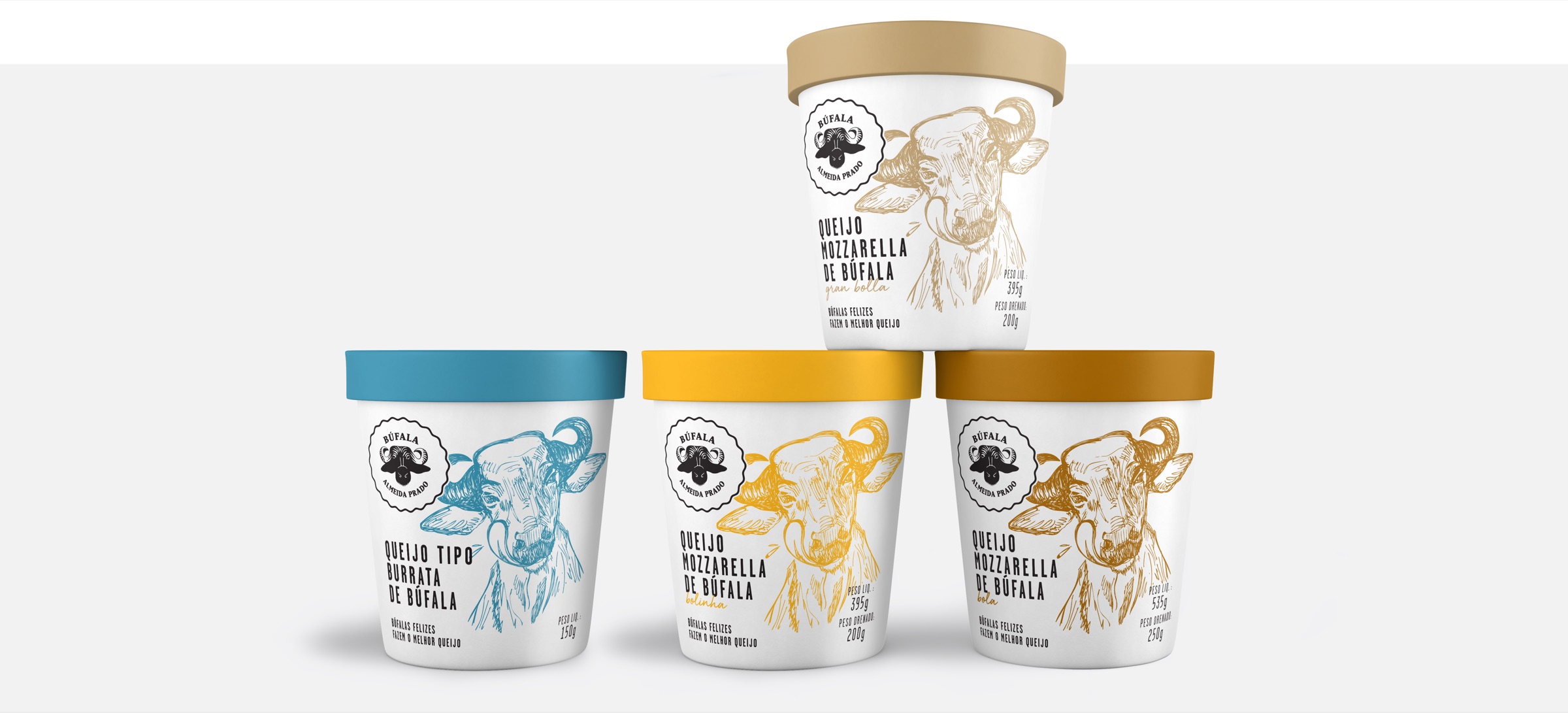The four packages of the line, each with its own buffalo illustration and lid color