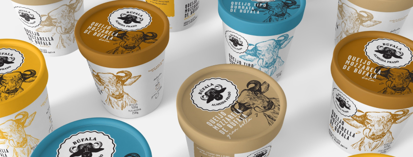 Búfala Almeida Prado cheese tubs with hand-drawn buffalo illustrations