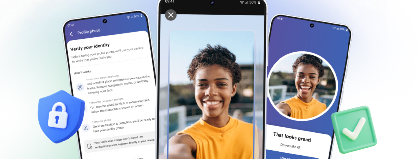 Liveness check screens: verify your identity, the selfie camera and the confirmation