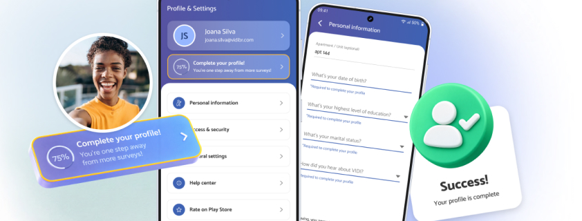 The profile area with the progress button, personal details and the success message