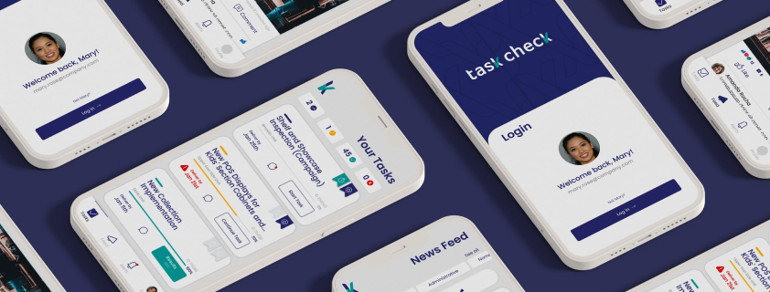 TaskCheck app screens on a navy background