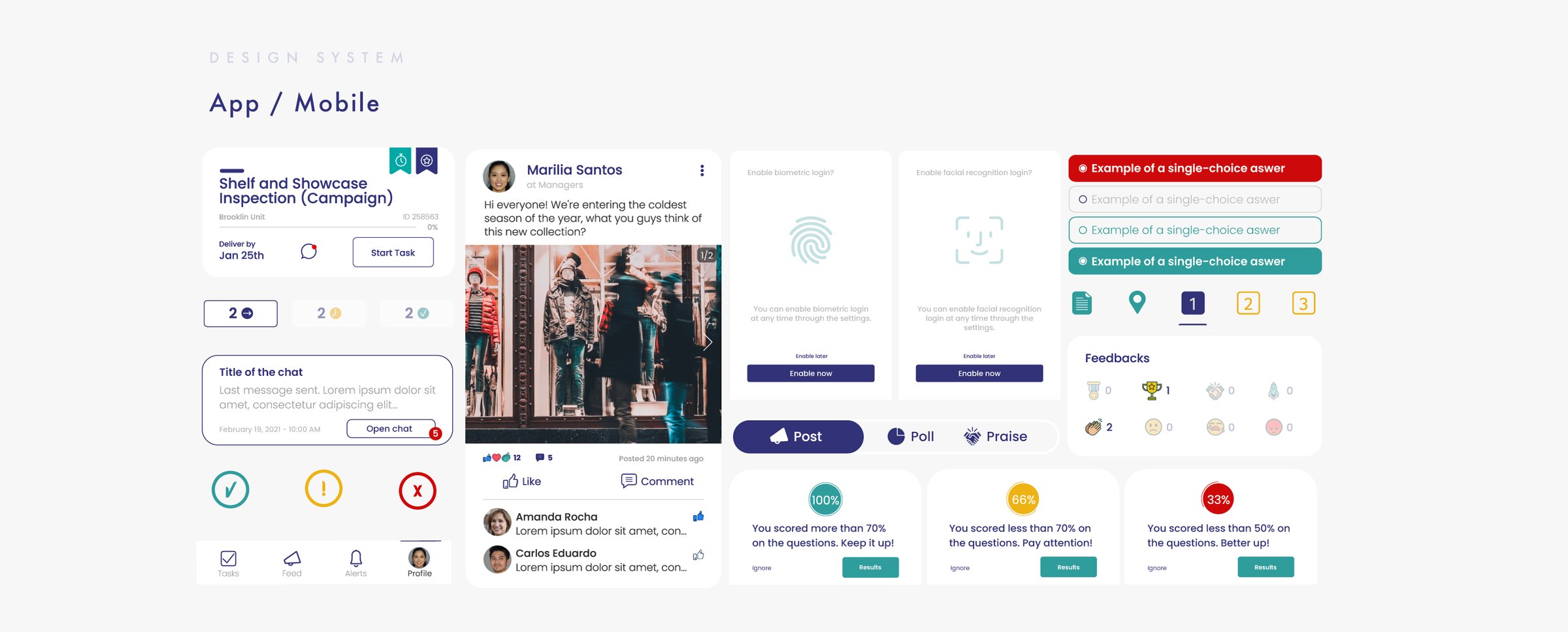 Design system for the app: task cards, posts, check-in states, answer options and feedback badges