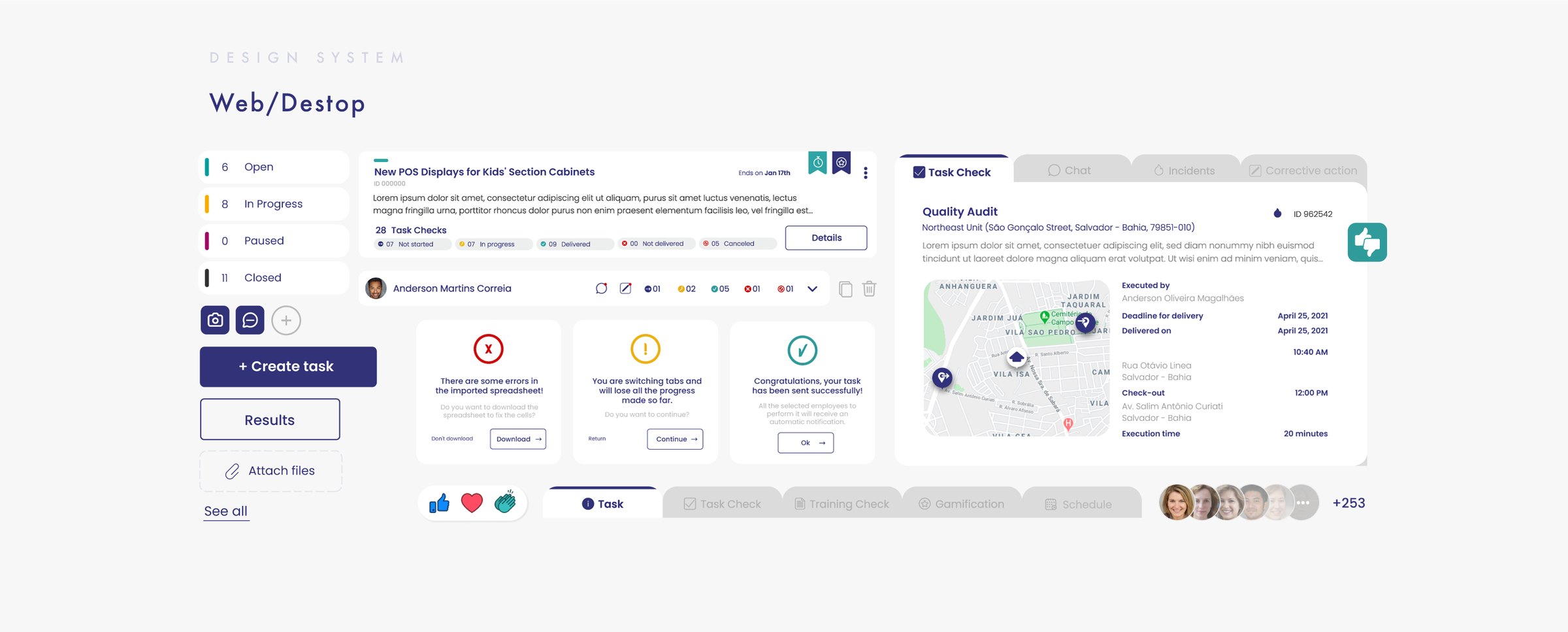 Design system for web and desktop: status filters, task cards, buttons, empty states, maps and reactions