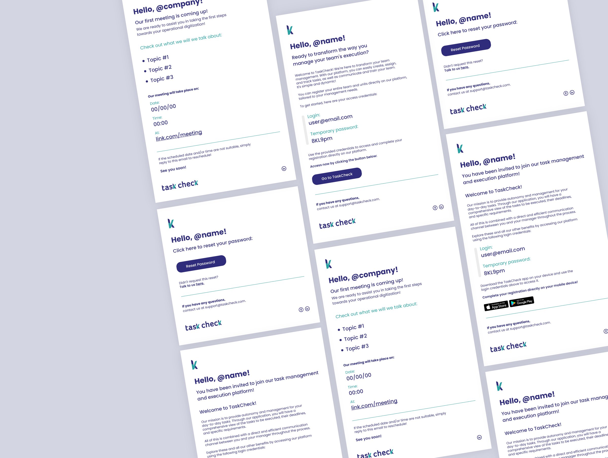 A collage of TaskCheck onboarding emails: welcome, password reset and meeting invitations