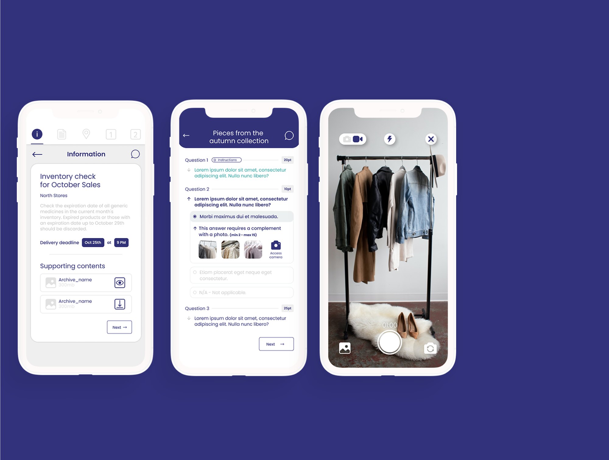 Employee view in the app: task information, a checklist with questions and the camera to attach a photo