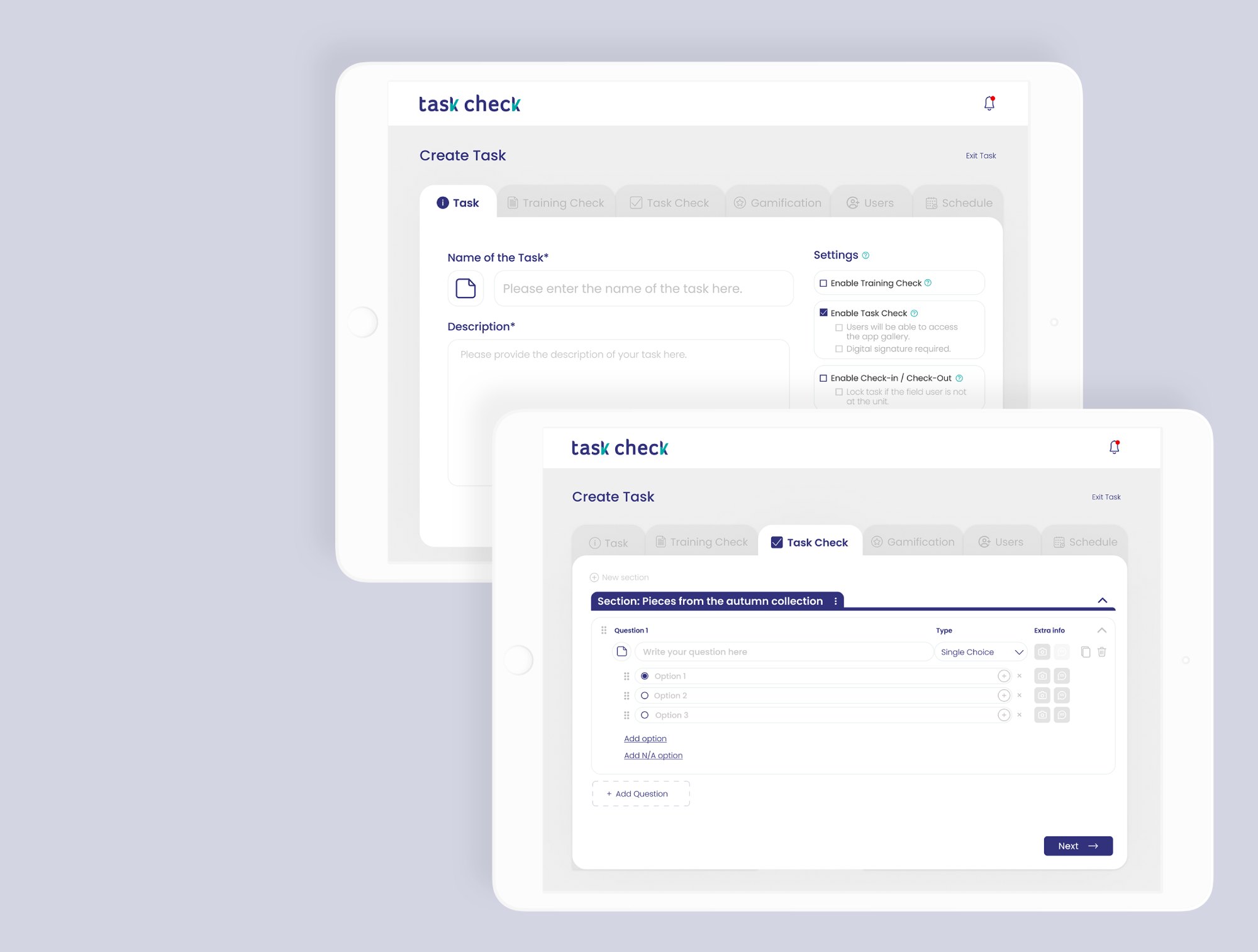 Manager view on the web: creating a task and building a task check with sections and questions
