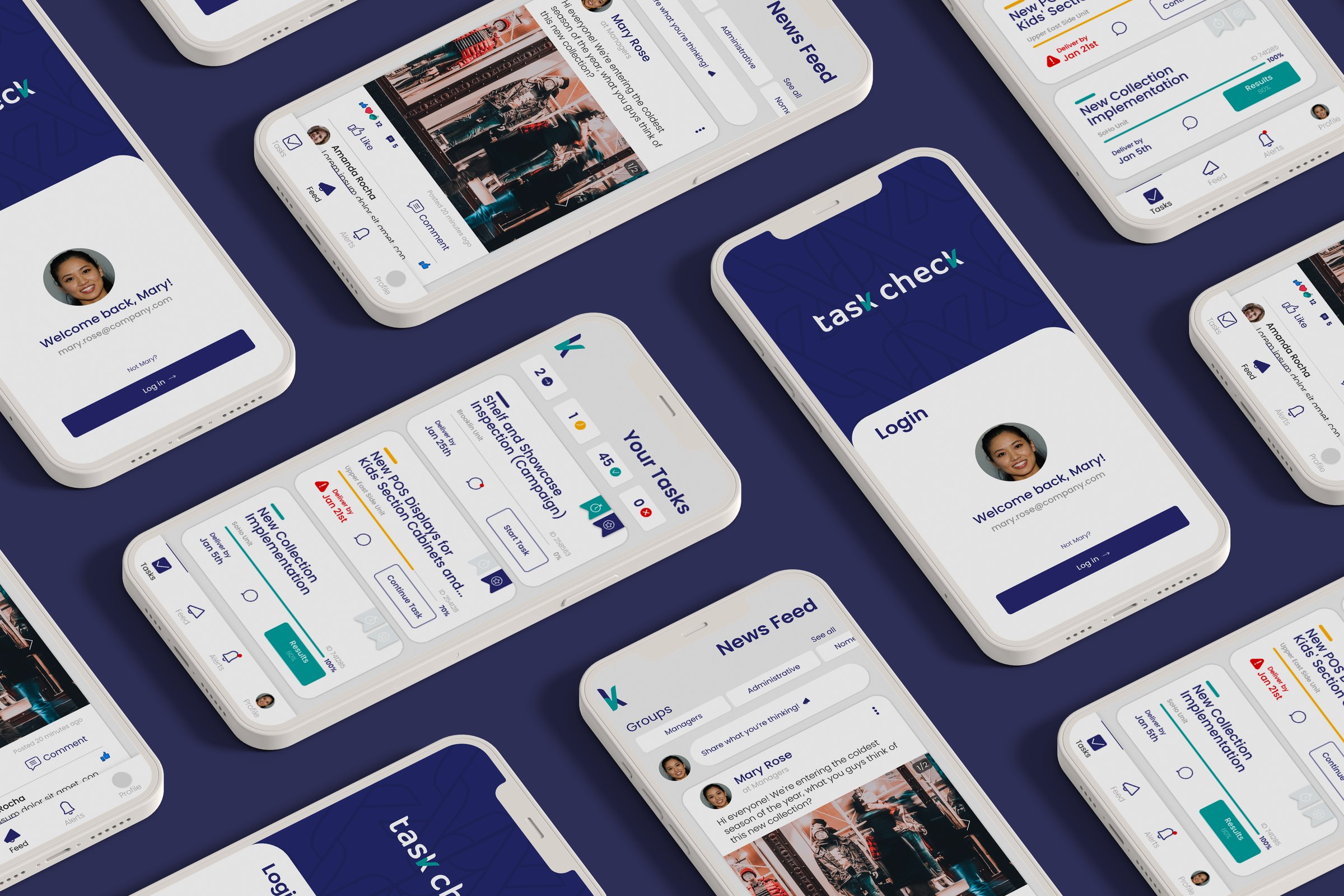 TaskCheck app screens: login, news feed, your tasks and task details
