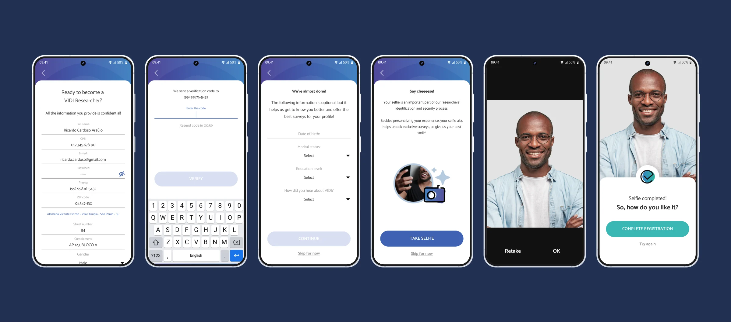 Old sign-up: a long scrolling form with 10 fields, verification code, optional profile questions and a selfie
