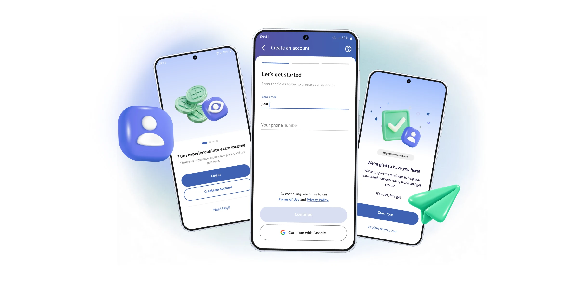 Three screens of the new VIDI onboarding: welcome, “Let’s get started” with Continue with Google, and the sign-up success screen