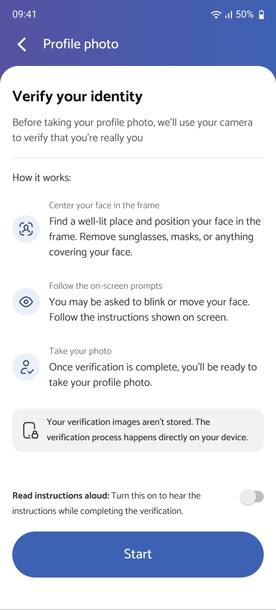 Screen 01: Verify your identity: how the check works, with a Start button