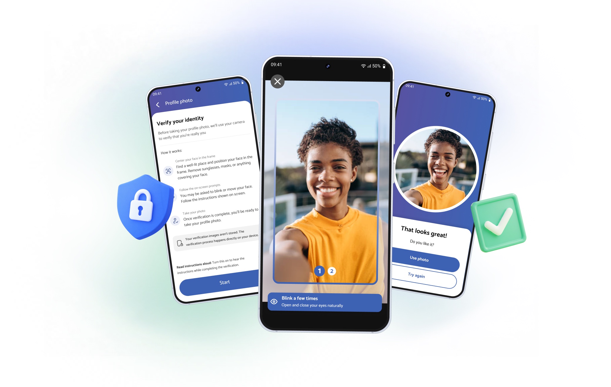 Three screens of the liveness check: verify your identity, the camera with a framing guide asking to blink, and the “That looks great!” confirmation