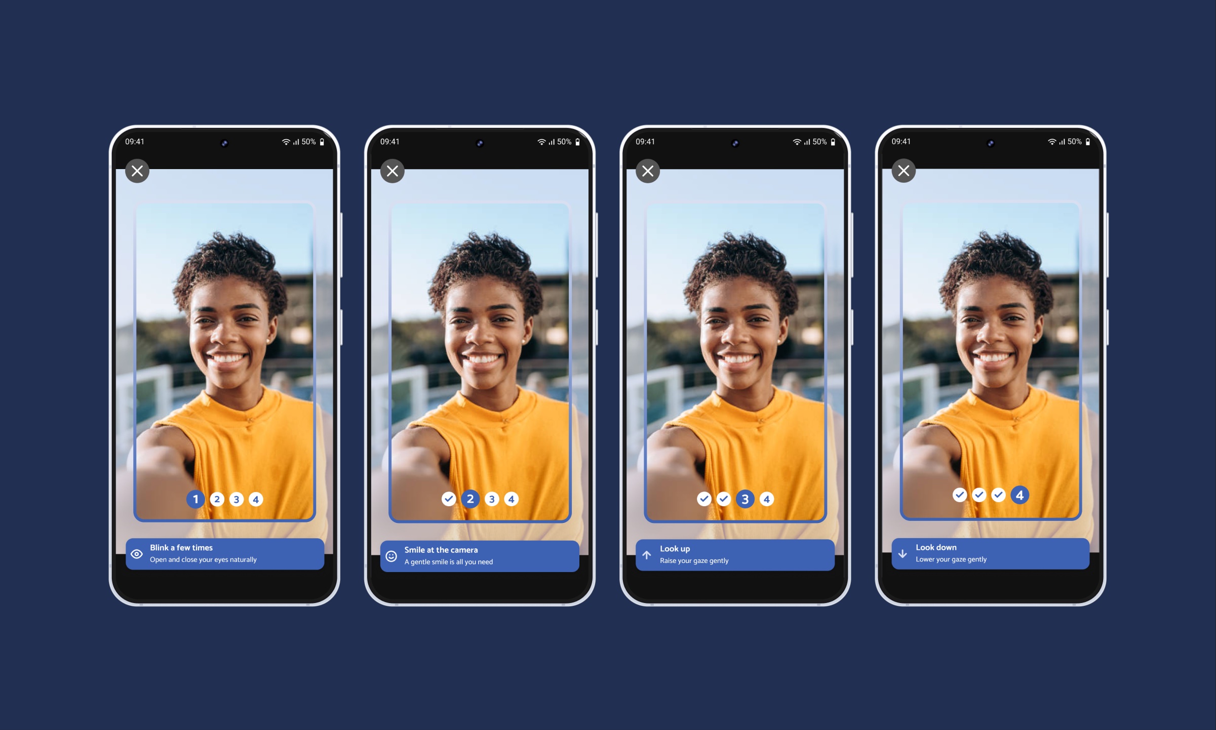 First version: 4 steps, blink, smile, look up and look down