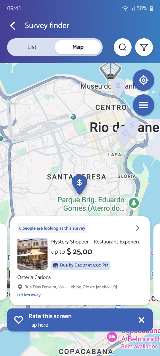 Map with the survey card at the default font size