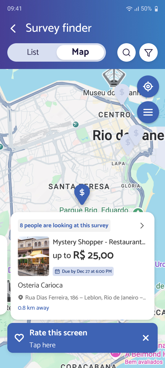 Map with the survey card at a large system font size, still fitting over the pins