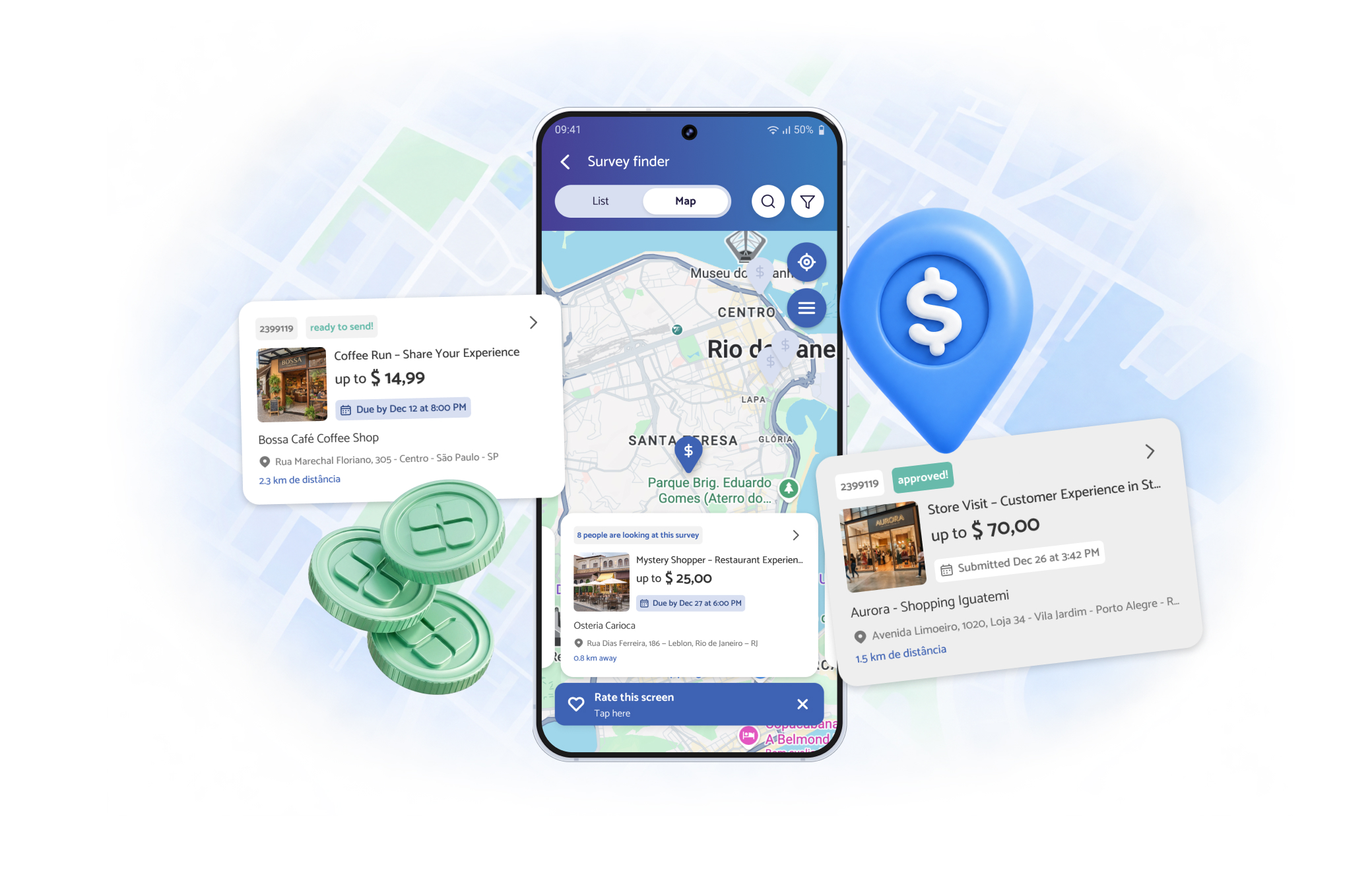 Map screens of the VIDI app with survey pins and a card for the selected survey showing pay, deadline and address