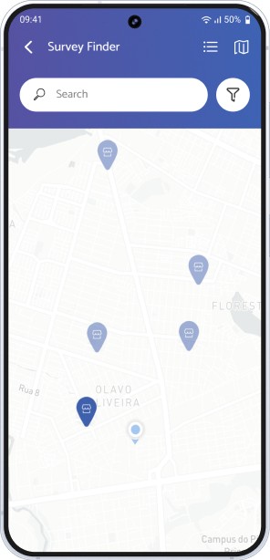 Map with survey pins, tapping one