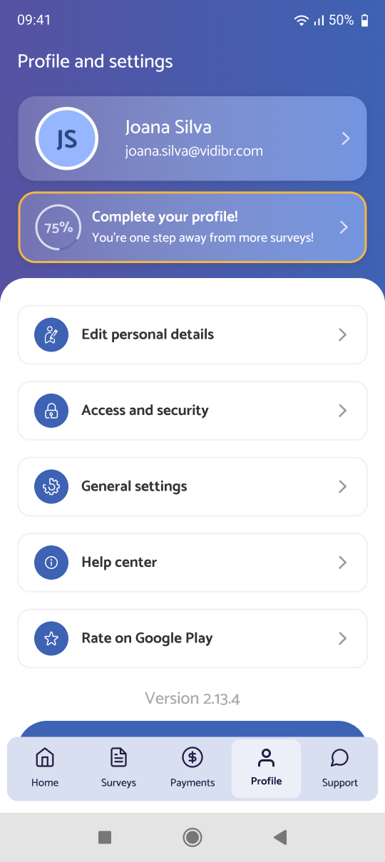 Screen 01: Profile and settings with the “Complete your profile!” button at 75%