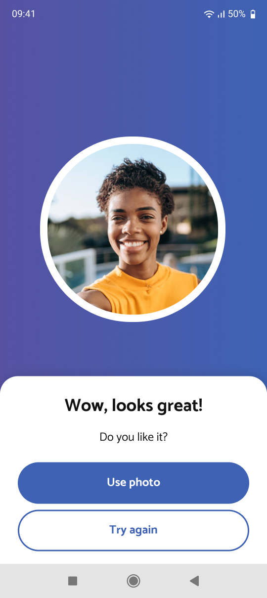 Screen 03: “Wow, looks great!” with Use photo and Try again
