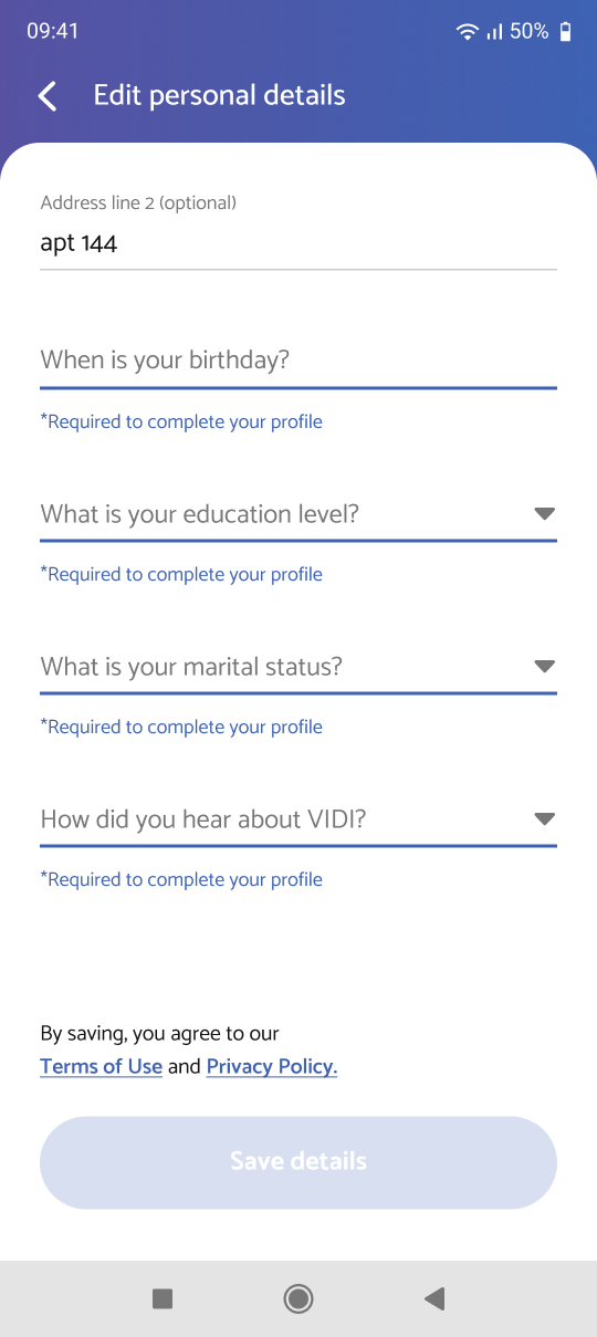 Screen 05: Edit personal details with each missing field marked as required to complete the profile
