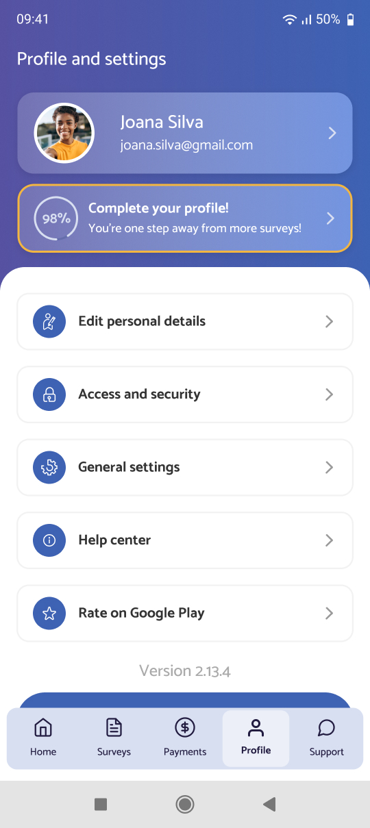 Profile at 95% with the progress button