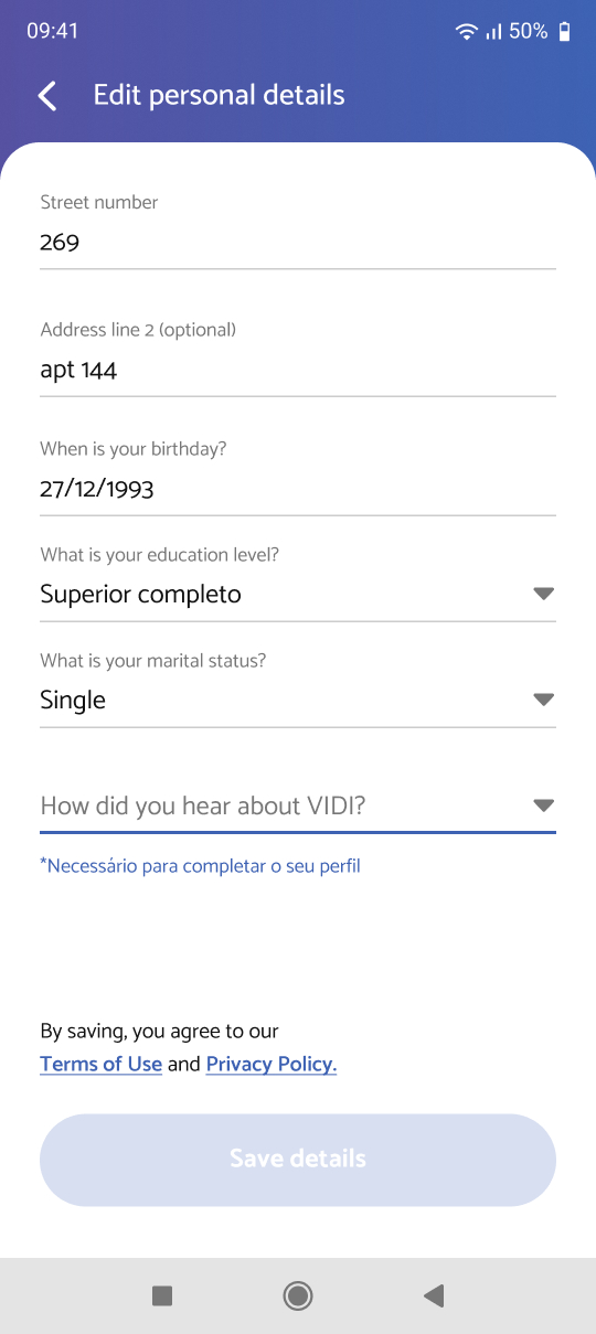 Edit personal details, scrolled to the one missing field