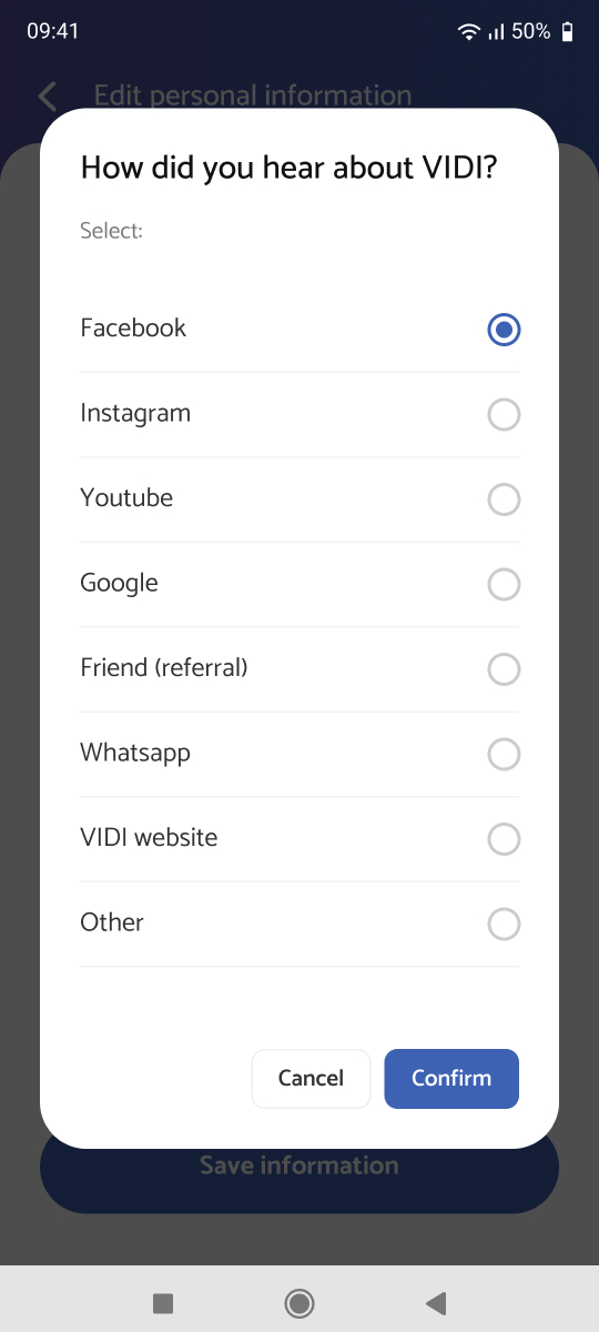 “How did you hear about VIDI?” options