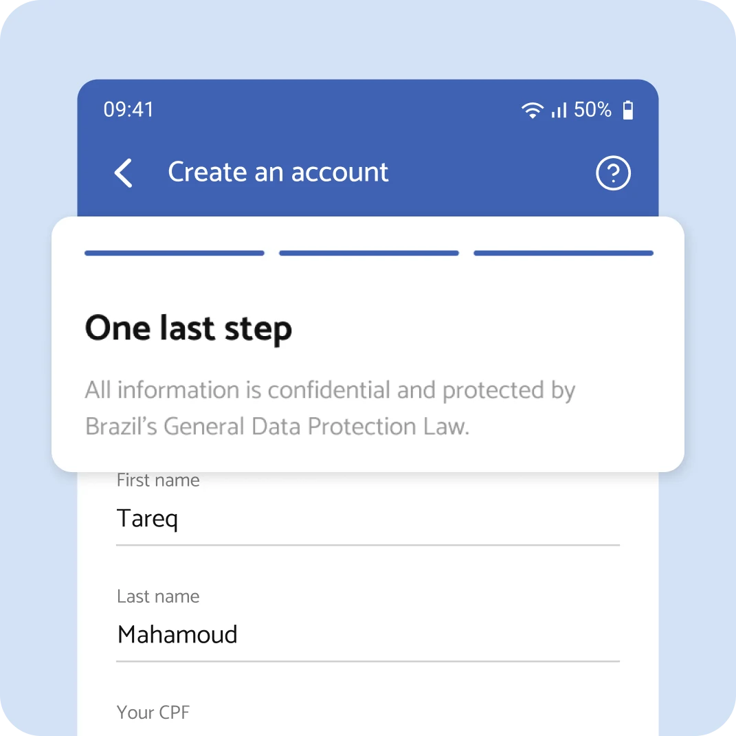 “One last step” screen with a three-part progress bar fully filled